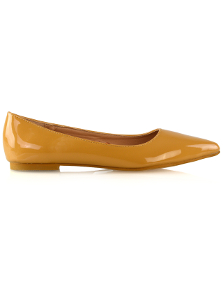 Cordelia Slip on Pointed Toe Flat Ballerina Pump Shoes In Mustard Patent