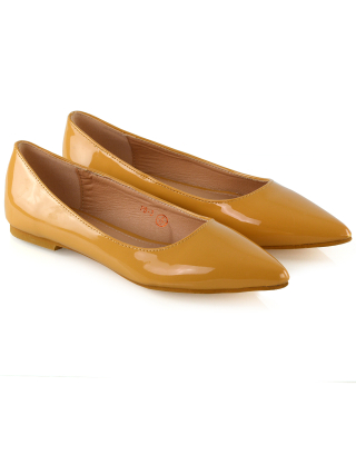 Cordelia Slip on Pointed Toe Flat Ballerina Pump Shoes In Mustard Patent