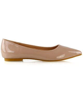 Cordelia Slip on Pointed Toe Flat Ballerina Pump Shoes In Nude Patent