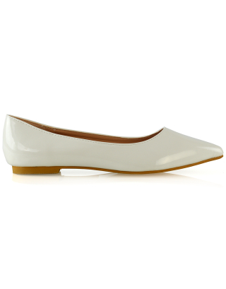 Cordelia Slip on Pointed Toe Flat Ballerina Pump Shoes In White Patent