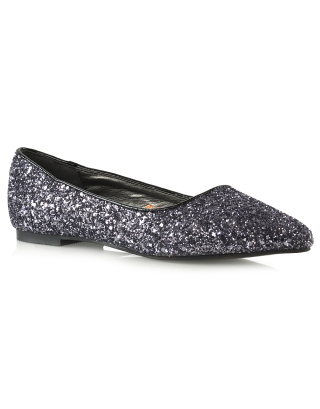 Rosalie Statement Pointed Toe Flat Bridal Ballerina Pump Shoes in Black Glitter