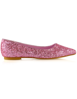 Rosalie Statement Pointed Toe Flat Bridal Ballerina Pump Shoes in Pink Glitter
