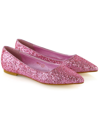 Rosalie Statement Pointed Toe Flat Bridal Ballerina Pump Shoes in Pink Glitter