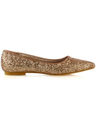 Rosalie Statement Pointed Toe Flat Bridal Ballerina Pump Shoes in Rose Gold Glitter