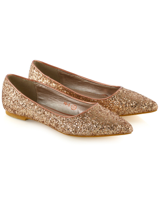 Rosalie Statement Pointed Toe Flat Bridal Ballerina Pump Shoes in Rose Gold Glitter