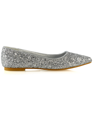 Rosalie Statement Pointed Toe Flat Bridal Ballerina Pump Shoes in Silver Glitter