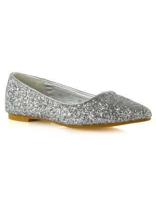 Rosalie Statement Pointed Toe Flat Bridal Ballerina Pump Shoes in Silver Glitter