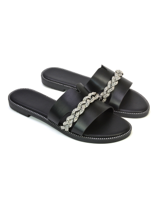 Josie Diamante Chain Slip On Summer Flat Sandals Sliders in Black