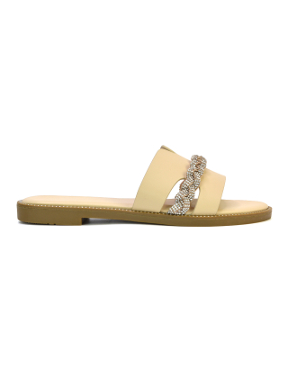 Josie Diamante Chain Slip On Summer Flat Sandals Sliders in Nude