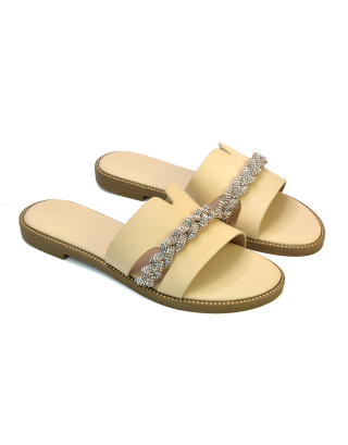 Josie Diamante Chain Slip On Summer Flat Sandals Sliders in Nude