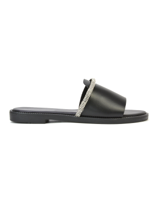 Khai Flat Sandal Summer Slip On Sliders With Diamante Rhinestone Strap in Black