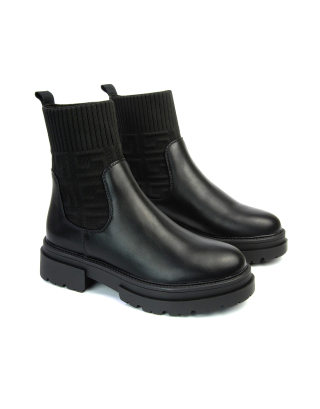 Abel Chunky Block Heel Biker Chelsea Sock Ankle Boots in Black Synthetic Leather