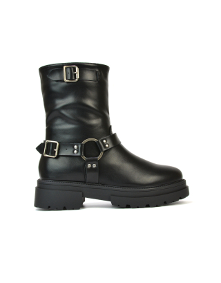 Caleb Chunky Flat Buckle Biker Ankle Boots in Black Synthetic Leather