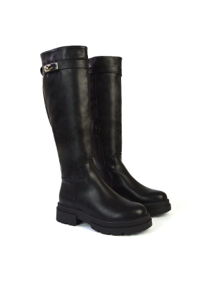 Pose Chunky Sole Buckle Knee High Biker Boots in Black