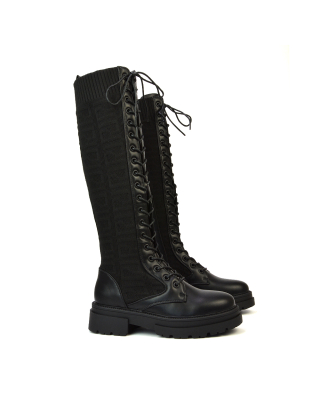 Jayne Stretchy Sock Chunky Combat Lace Up Knee High Biker Boots in Black Synthetic Leather