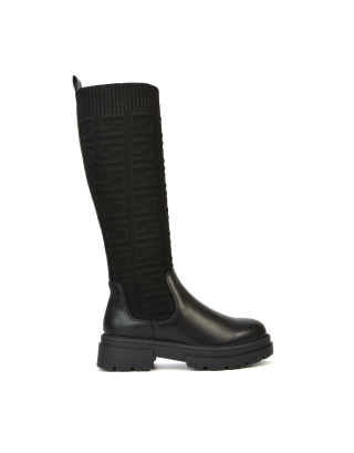 Maylee Chunky Sole Knitted Knee High Sock Biker Boots in Black