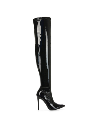 PIPER OVER THE KNEE ZIP UP THIGH HIGH STILETTO HEELED BOOTS IN BLACK PATENT