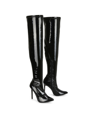 PIPER OVER THE KNEE ZIP UP THIGH HIGH STILETTO HEELED BOOTS IN BLACK PATENT
