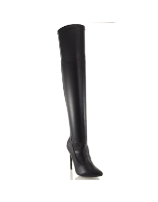 PIPER OVER THE KNEE ZIP UP THIGH HIGH STILETTO HEELED BOOTS IN BLACK SYNTHETIC LEATHER