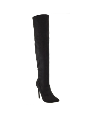 PIPER OVER THE KNEE ZIP UP THIGH HIGH STILETTO HEELED BOOTS IN BLACK FAUX SUEDE