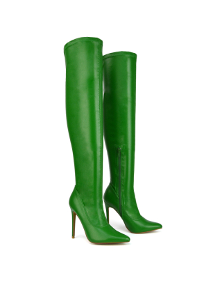 green boots, green long boots, green heeled boots