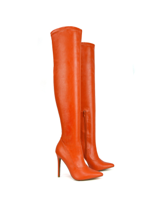 orange boots, orange heeled boots, orange long boots