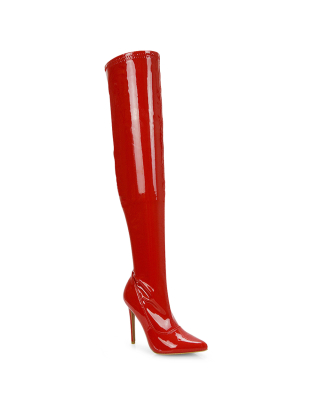 PIPER OVER THE KNEE ZIP UP THIGH HIGH STILETTO HEELED BOOTS IN RED PATENT