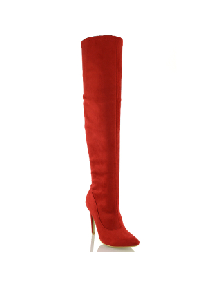 PIPER OVER THE KNEE ZIP UP THIGH HIGH STILETTO HEELED BOOTS IN RED FAUX SUEDE