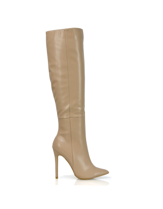 Nora Pointed Toe Zip Fastening Knee High Stiletto Heel Long Boots in Nude