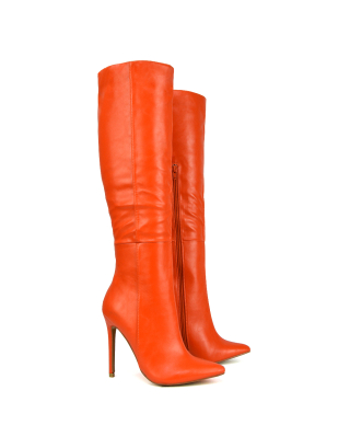 Orange Knee High Boots, Heeled Boots, Long Boots