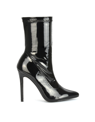 ADELE POINTED TOE STILETTO HIGH ZIP UP SOCK ANKLE BOOT HEELS IN BLACK PATENT