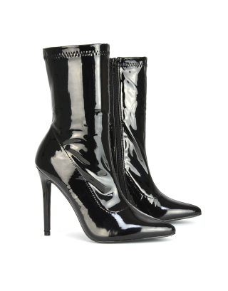 ADELE POINTED TOE STILETTO HIGH ZIP UP SOCK ANKLE BOOT HEELS IN BLACK PATENT