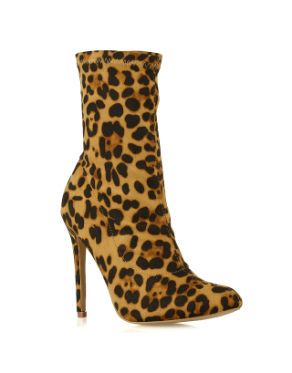 ADELE POINTED TOE STILETTO HIGH ZIP UP SOCK ANKLE BOOT HEELS IN LEOPARD FAUX SUEDE