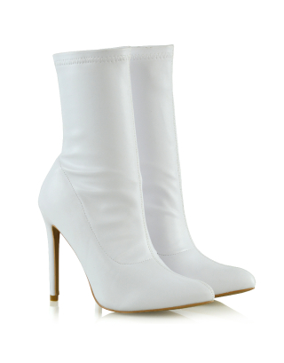 ADELE WHITE SYNTHETIC LEATHER BOOTS, white boots, white ankle boots