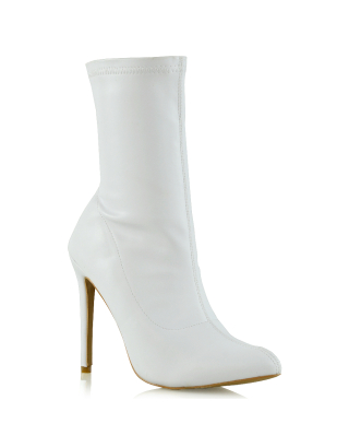 ADELE STILETTO HIGH HEEL ZIP UP SOCK ANKLE BOOTS IN WHITE SYNTHETIC LEATHER