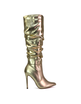 Milani Ruched Pointed Toe Stiletto High Heel Knee High Boots in Gold Metallic