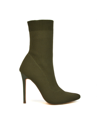 Rue Pointed Toe Knitted Stiletto High Heeled Sock Fit Ankle Boots in Khaki