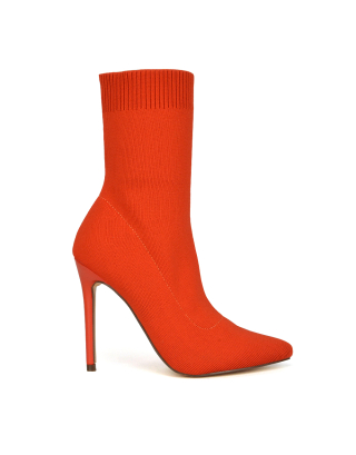 Rue Pointed Toe Knitted Stiletto High Heeled Sock Fit Ankle Boots in Red