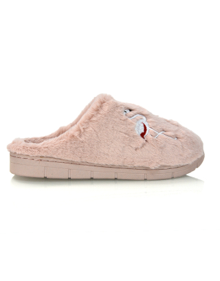 Morgan Faux Fur Fluffy Flat Cosy Flamingo Embellished Slipper Mules in Light Pink