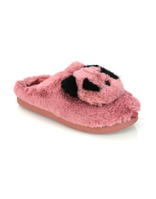 Maddie Fluffy Faux Fur Closed Toe Slip on Flat Panda Slipper Slides in Pink