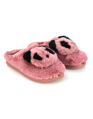 Maddie Fluffy Faux Fur Closed Toe Slip on Flat Panda Slipper Slides in Pink
