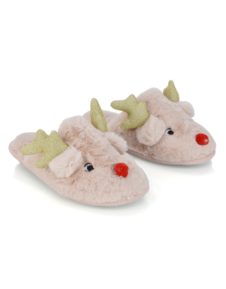 Melody Flat Faux Fur Fluffy Cosy Christmas Reindeer Slipper Mules in Pink