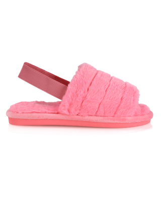 Lana Faux Fur Sling Back Ribbed Strappy Soft Cosy Fluffy Slippers in Pink