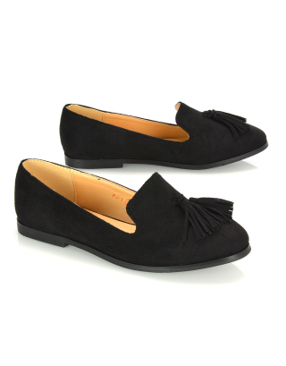 Betsy Slip on Pointed Toe Flat Tassel Detail Loafer Smart Shoes in Black Faux Suede