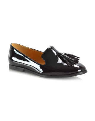 Betsy Slip on Pointed Toe Flat Tassel Detail Loafer Smart Shoes in Black Patent