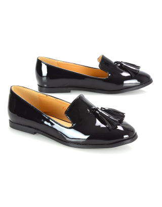 Betsy Slip on Pointed Toe Flat Tassel Detail Loafer Smart Shoes in Black Patent
