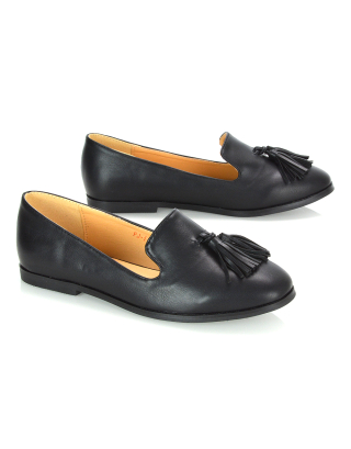 Betsy Slip on Pointed Toe Flat Tassel Detail Loafer Smart Shoes in Black PU 
