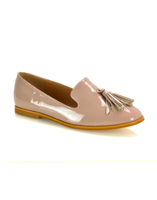 Betsy Slip on Pointed Toe Flat Tassel Detail Loafer Smart Shoes in Nude Patent
