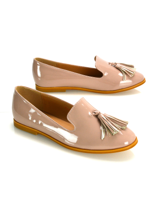 Betsy Slip on Pointed Toe Flat Tassel Detail Loafer Smart Shoes in Nude Patent