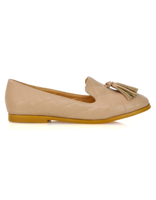 Halanna Quilted Design Tassel Detail Slip on Smart Flat Loafers in Nude Synthetic Leather